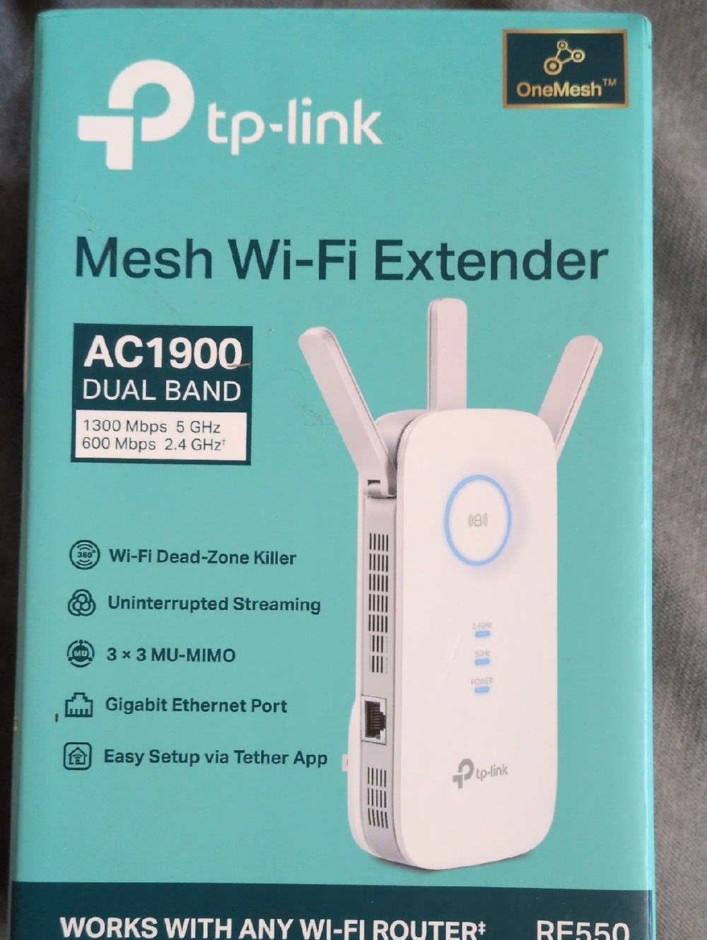TP-Link Mesh Wi‑Fi Extender in white and teal packaging